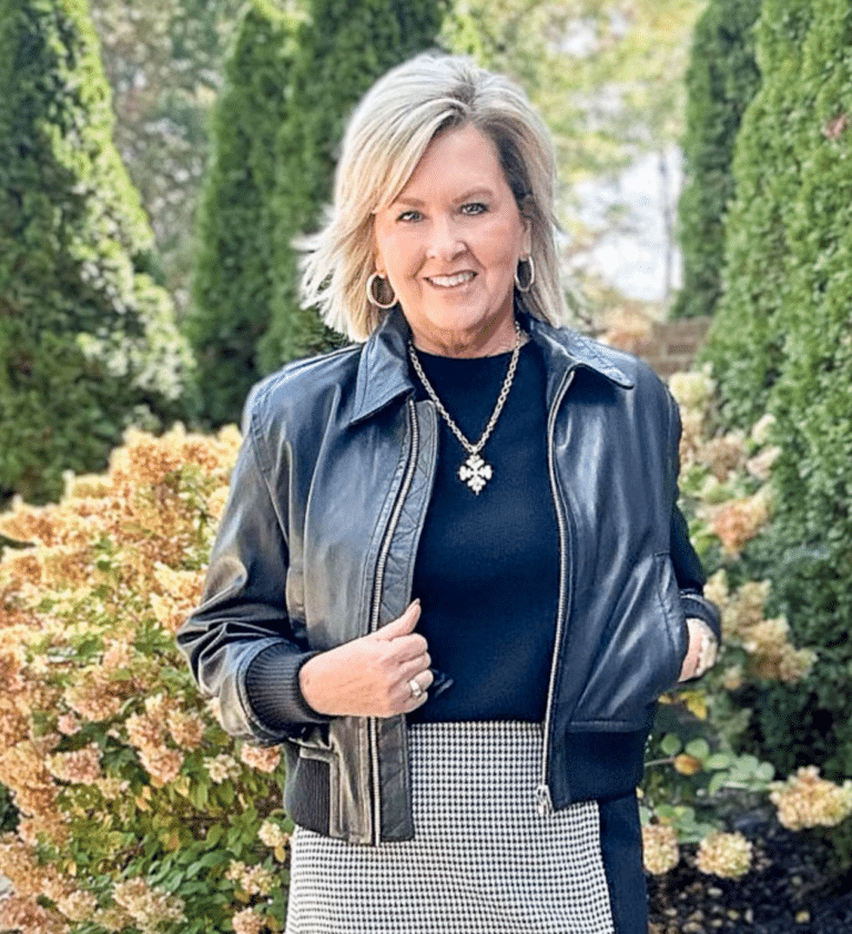 Tania Stephens is wearing a black faux leather bomber jacket